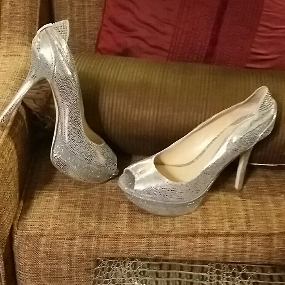 Women's Silver Glitter Peep-Toe High Heels